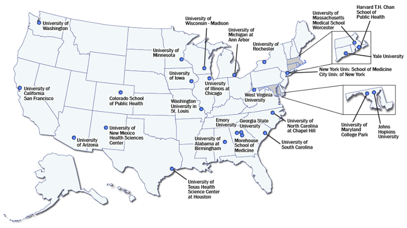 US Map with the 26 Prevention Research Centers